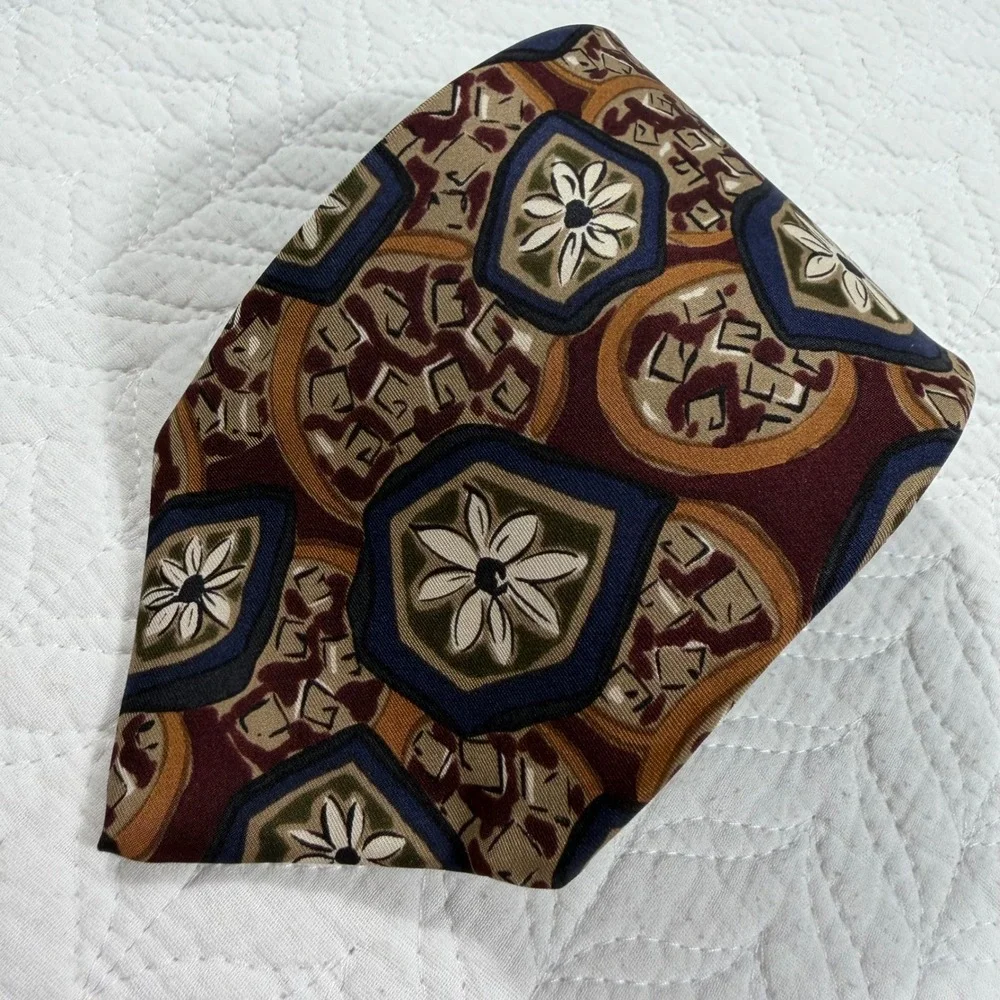 Robert Talbott Mens 100% Silk Tie Geometric Floral Burgundy‎ Gold Blue USA Made